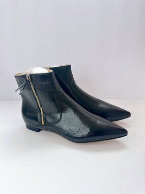 Size 9.5 Black Pointed Toe Ankle Boots Double Side Zip Low Heel Booties XYD